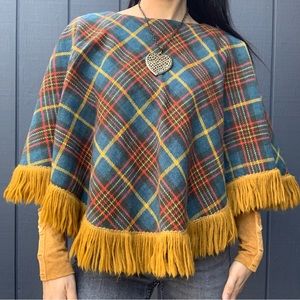 SOLD!!Vintage blue plaid poncho with gold fringe